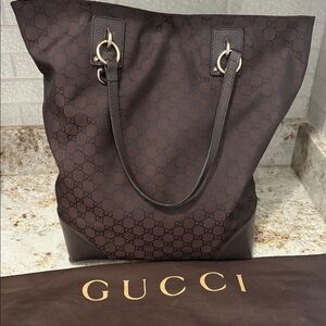 Gucci Brown GG Monogram Tote with Gold-Tone Hardware